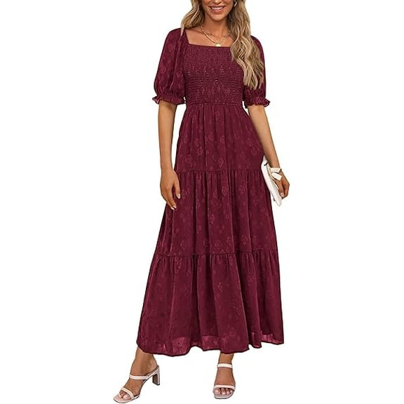 PRETTYGARDEN Women's 2025 Summer Casual Midi Dresses Square Neck Short Sleeve Smocked A Line Floral Flowy Elegant Boho Dress