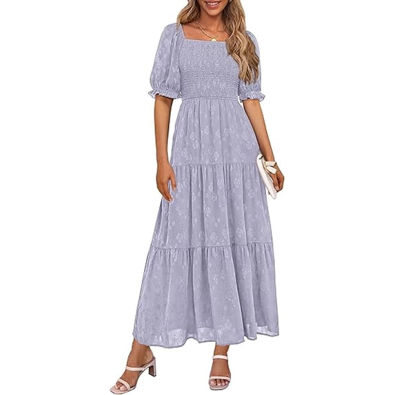 PRETTYGARDEN Women's 2025 Summer Casual Midi Dresses Square Neck Short Sleeve Smocked A Line Floral Flowy Elegant Boho Dress
