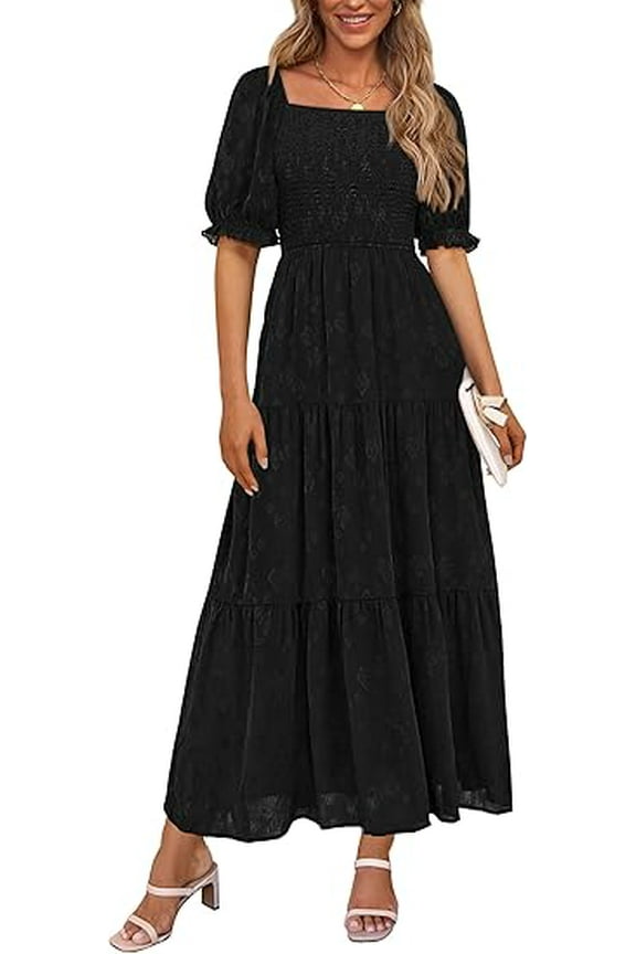 Women's 2025 Summer Casual Midi Dresses Square Neck Short Sleeve Smocked A Line Floral Flowy Elegant Boho Dress