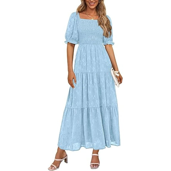PRETTYGARDEN Women's 2025 Summer Casual Midi Dresses Square Neck Short Sleeve Smocked A Line Floral Flowy Elegant Boho Dress