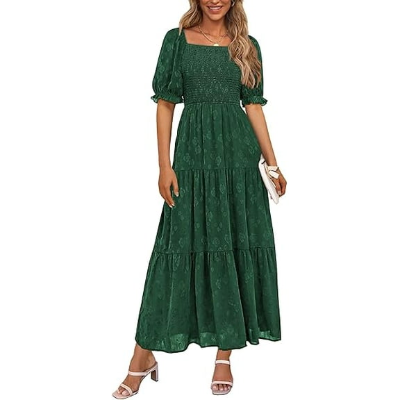PRETTYGARDEN Women's 2025 Summer Casual Midi Dresses Square Neck Short Sleeve Smocked A Line Floral Flowy Elegant Boho Dress