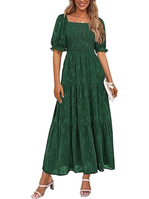 Women's 2025 Summer Casual Midi Dresses Square Neck Short Sleeve Smocked A Line Floral Flowy Elegant Boho Dress