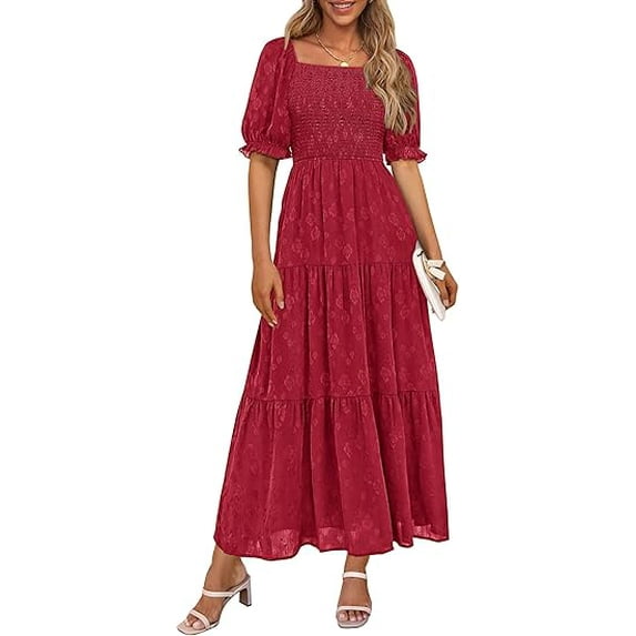 PRETTYGARDEN Women's 2025 Summer Casual Midi Dresses Square Neck Short Sleeve Smocked A Line Floral Flowy Elegant Boho Dress