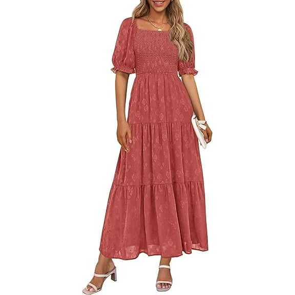 PRETTYGARDEN Women's 2025 Summer Casual Midi Dresses Square Neck Short Sleeve Smocked A Line Floral Flowy Elegant Boho Dress
