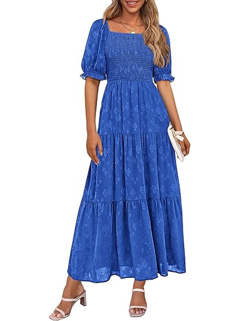 Prettygarden Women's 2025 Summer Casual Midi Dresses Square Neck Short Sleeve Smocked A Line Floral Flowy Elegant Boho Dress, Size: Large, Blue