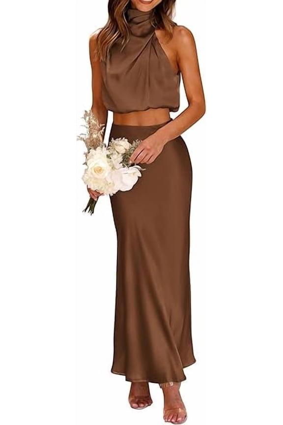 Women's 2 Piece Satin Outfits Summer Sleeveless Mock Neck Crop Tops and Long Skirt Dress Sets