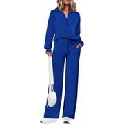 Women's 2 Piece Outfits Casual Lapel Half Zip Sweatshirts And Wide Leg Pants Tracksuit Sets