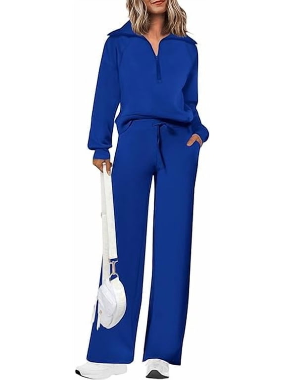 Women's 2 Piece Outfits Casual Lapel Half Zip Sweatshirts And Wide Leg Pants Tracksuit Sets