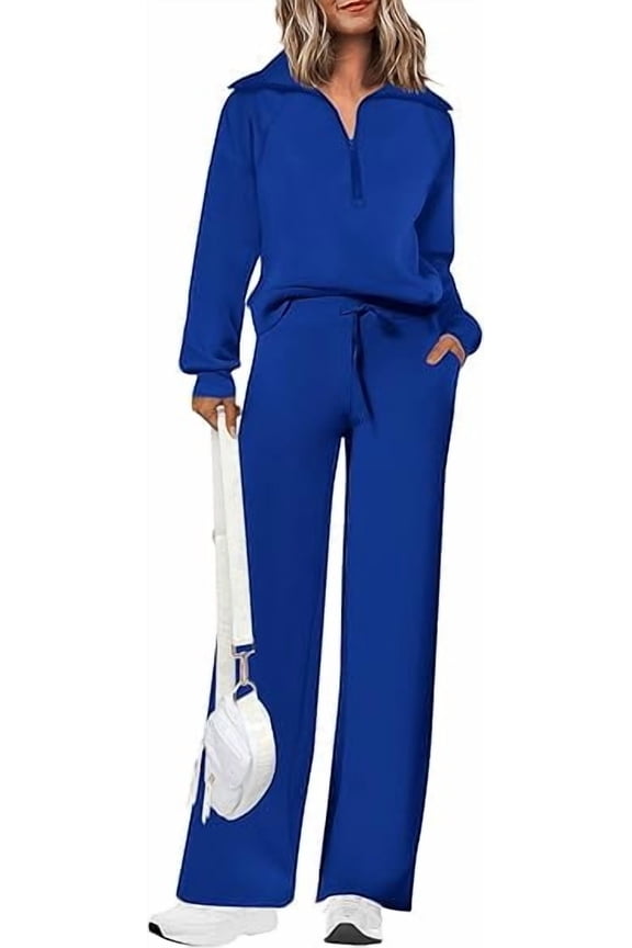 Women's 2 Piece Outfits Casual Lapel Half Zip Sweatshirts And Wide Leg Pants Tracksuit Sets