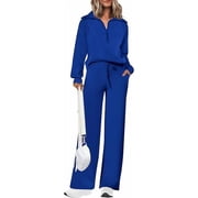 Women's 2 Piece Outfits Casual Lapel Half Zip Sweatshirts And Wide Leg Pants Tracksuit Sets