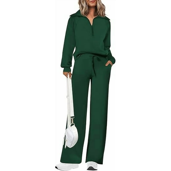 PRETTYGARDEN Women's 2 Piece Outfits Casual Lapel Half Zip Sweatshirts And Wide Leg Pants Tracksuit Sets