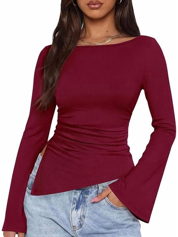 Women's Bell Long Sleeve Shirts Fall Boat Neck Ruched Asymmetrical Going Out Tops Ribbed Y2K Clothes