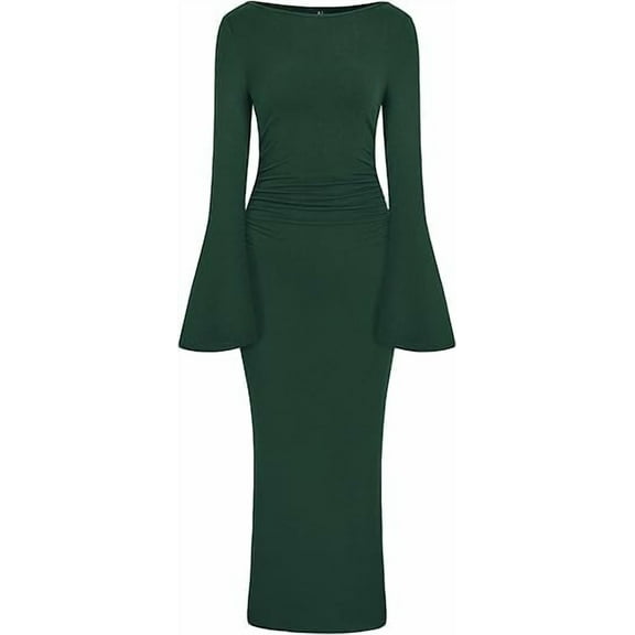 PRETTYGARDEN Women's Bodycon Maxi Dress Fall Fashion Long Bell Sleeve Ruched Fitted Elegant Cocktail Party Slit Dresses