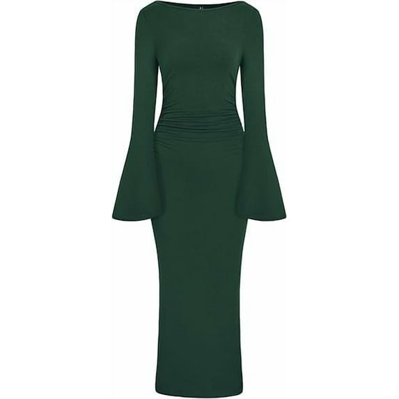 PRETTYGARDEN Women's Bodycon Maxi Dress Fall Fashion Long Bell Sleeve Ruched Fitted Elegant Cocktail Party Slit Dresses