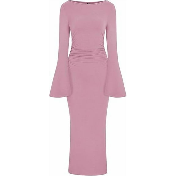 PRETTYGARDEN Women's Bodycon Maxi Dress Fall Fashion Long Bell Sleeve Ruched Fitted Elegant Cocktail Party Slit Dresses
