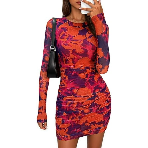 PRETTYGARDEN Women's Bodycon Mini Dress Tie Dye Print Ruched Mesh Long Sleeve Club Party Short Casual Dresses