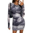 thumbnail image 1 of PRETTYGARDEN Women's Bodycon Mini Dress Tie Dye Print Ruched Mesh Long Sleeve Club Party Short Casual Dresses, 1 of 7