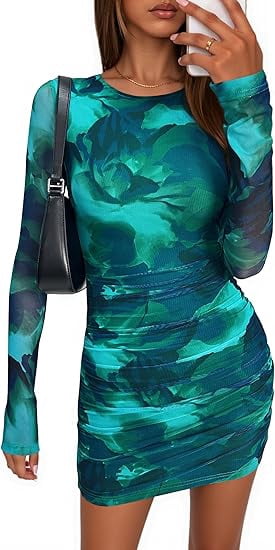Women's Bodycon Mini Dress Tie Dye Print Ruched Mesh Long Sleeve Club Party Short Casual Dresses