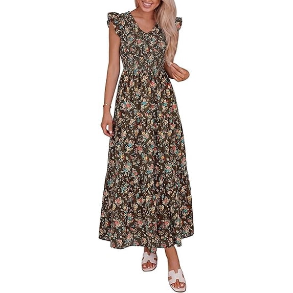 PRETTYGARDEN Women's Boho Floral Maxi Dress Summer Smocked V Neck Ruffle Sleeve Spring Flowy Beach Vacation Sundresses