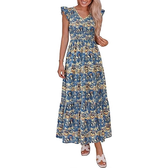 PRETTYGARDEN Women's Boho Floral Maxi Dress Summer Smocked V Neck Ruffle Sleeve Spring Flowy Beach Vacation Sundresses