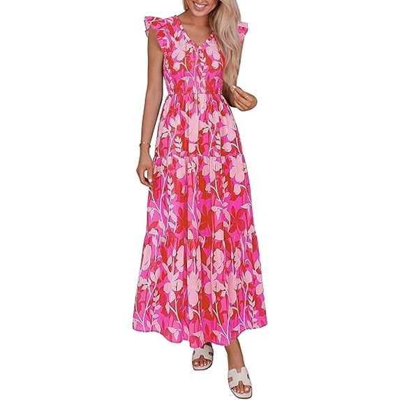 PRETTYGARDEN Women's Boho Floral Maxi Dress Summer Smocked V Neck Ruffle Sleeve Spring Flowy Beach Vacation Sundresses