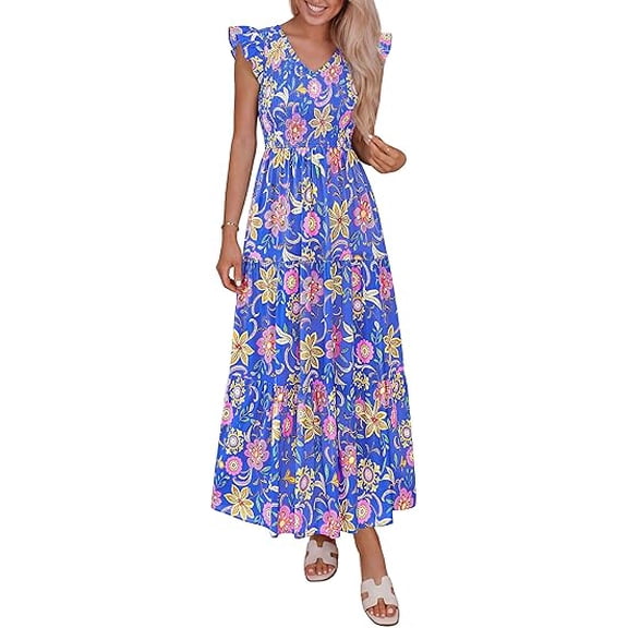 PRETTYGARDEN Women's Boho Floral Maxi Dress Summer Smocked V Neck Ruffle Sleeve Spring Flowy Beach Vacation Sundresses