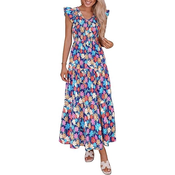 PRETTYGARDEN Women's Boho Floral Maxi Dress Summer Smocked V Neck Ruffle Sleeve Spring Flowy Beach Vacation Sundresses