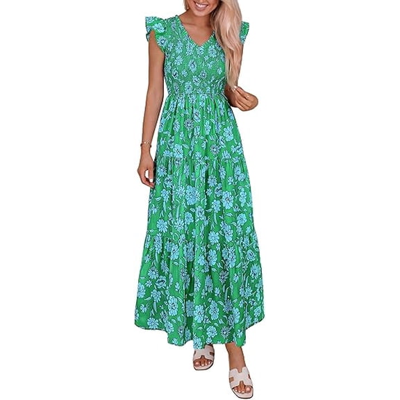 PRETTYGARDEN Women's Boho Floral Maxi Dress Summer Smocked V Neck Ruffle Sleeve Spring Flowy Beach Vacation Sundresses