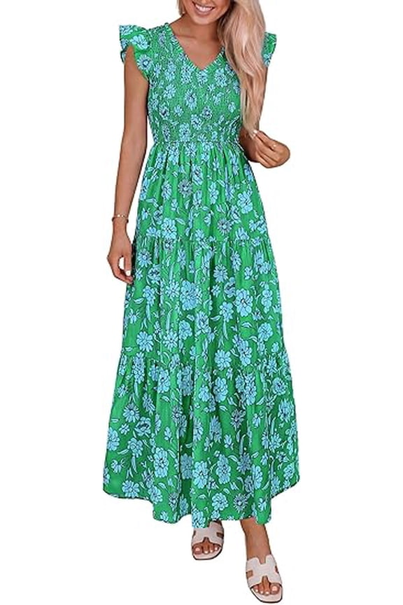 Women's Boho Floral Maxi Dress Summer Smocked V Neck Ruffle Sleeve Spring Flowy Beach Vacation Sundresses