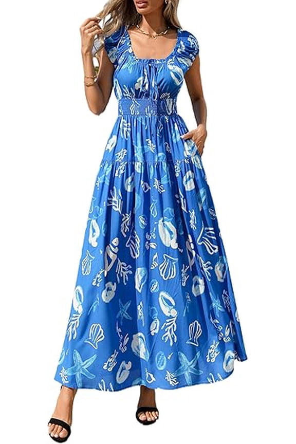 Women's Boho Maxi Dress Summer Cap Sleeve Long Flowy Beach Vacation Floral Sundresses Spring Resort Wear