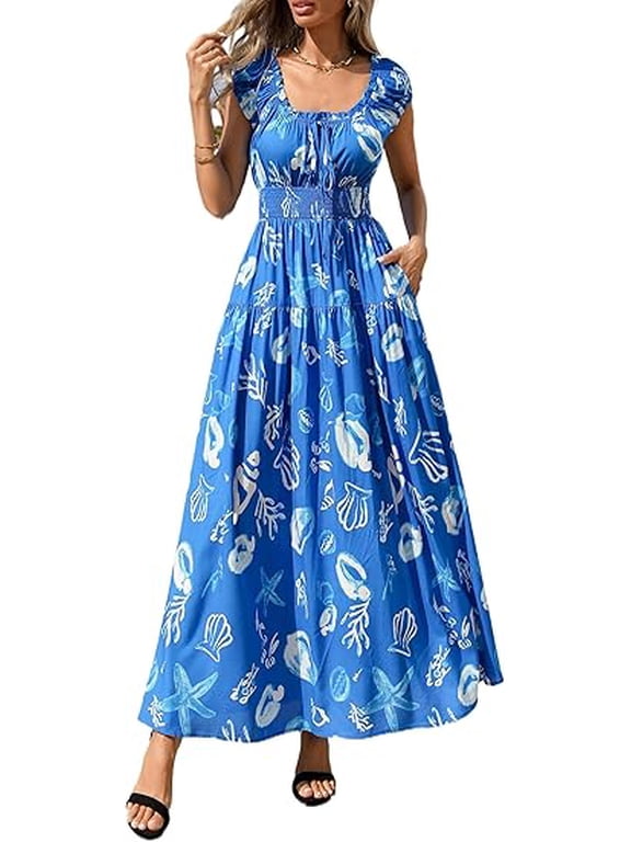 Women's Boho Maxi Dress Summer Cap Sleeve Long Flowy Beach Vacation Floral Sundresses Spring Resort Wear