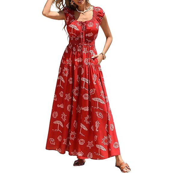 PRETTYGARDEN Women's Boho Maxi Dress Summer Cap Sleeve Long Flowy Beach Vacation Floral Sundresses Spring Resort Wear