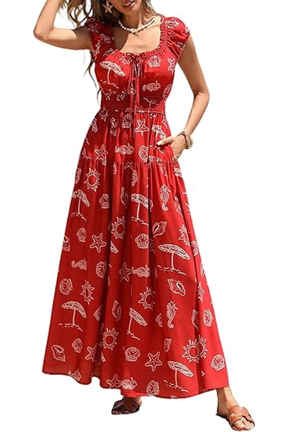 Women's Boho Maxi Dress Summer Cap Sleeve Long Flowy Beach Vacation Floral Sundresses Spring Resort Wear