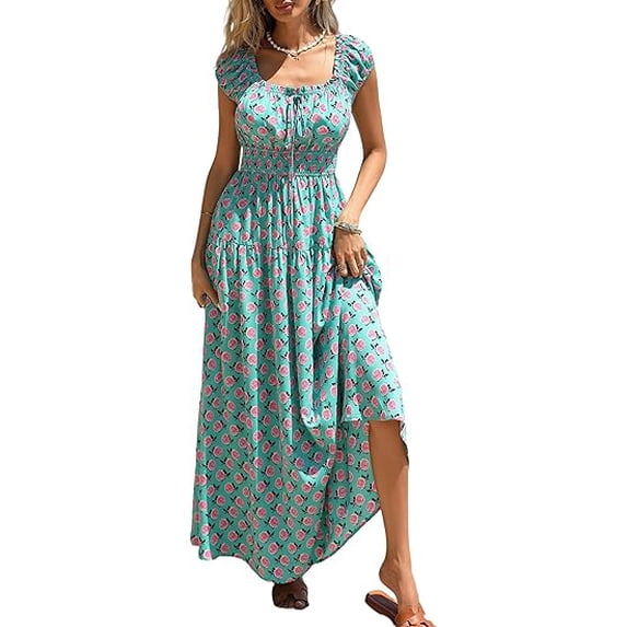 PRETTYGARDEN Women's Boho Maxi Dress Summer Cap Sleeve Long Flowy Beach Vacation Floral Sundresses Spring Resort Wear