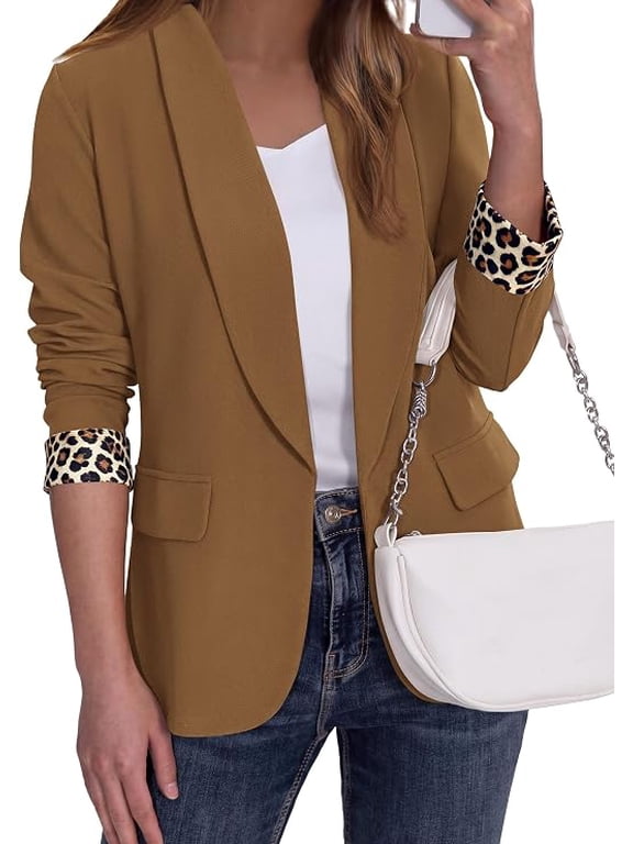 Women's Business Casual Blazers Suit Jacket Lapel Loose Fit Blazer, Long Sleeve Open Front Leopard Print Cuffs, Dressy Casual Office Work Clothes, Fall Winter Fashion