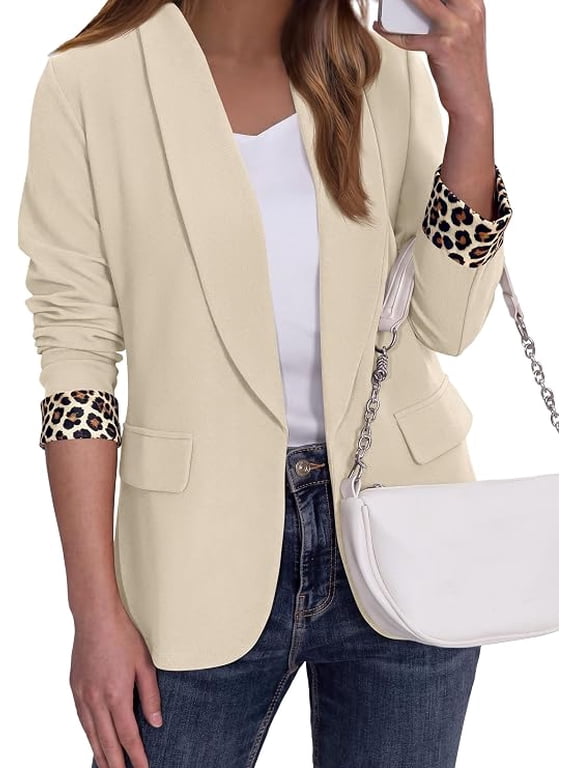 Women's Business Casual Blazers Suit Jacket Lapel Loose Fit Blazer, Long Sleeve Open Front Leopard Print Cuffs, Dressy Casual Office Work Clothes, Fall Winter Fashion
