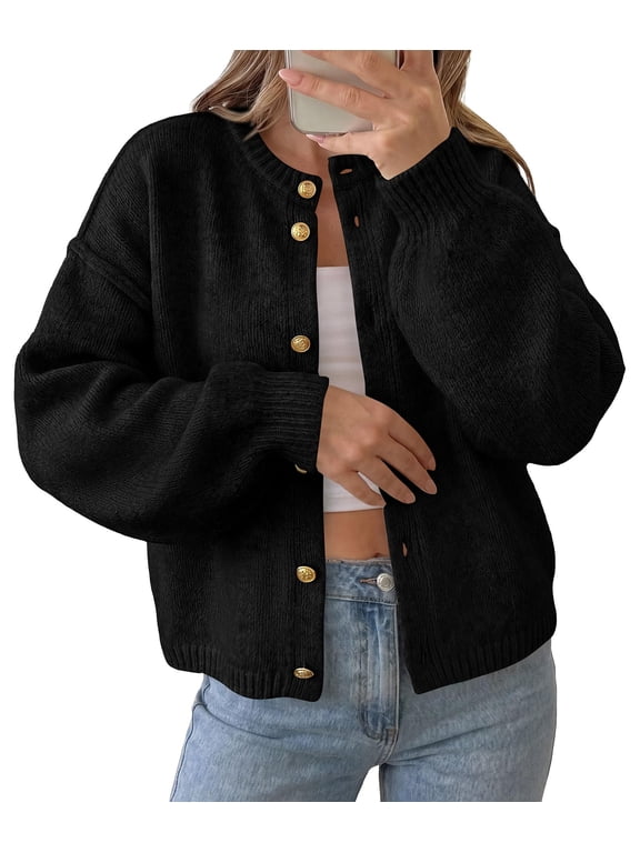Women's Button up Chunky Knit Cardigan Sweaters Crew Neck, Long Sleeve, Oversized Sweaters, Relaxed Fit, Soft Cozy Casual Outerwear, Fall Outfits, Winter Fashion Clothing