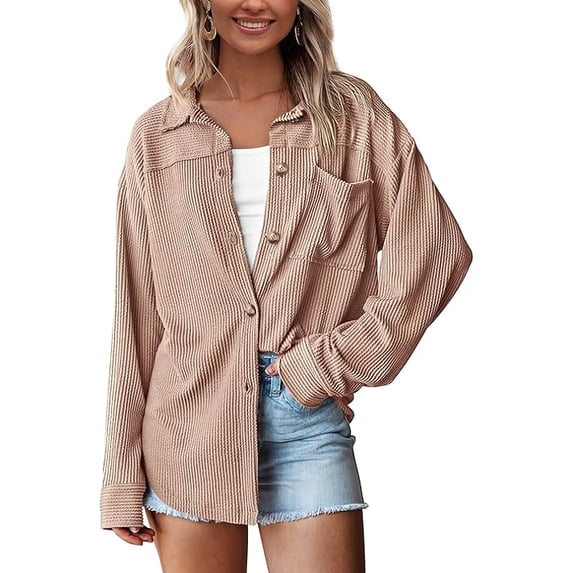 PRETTYGARDEN Women's Button Down Shirts Fall Long Sleeve Textured Stripe Tops Oversized Shacket Jacket Knit Blouses