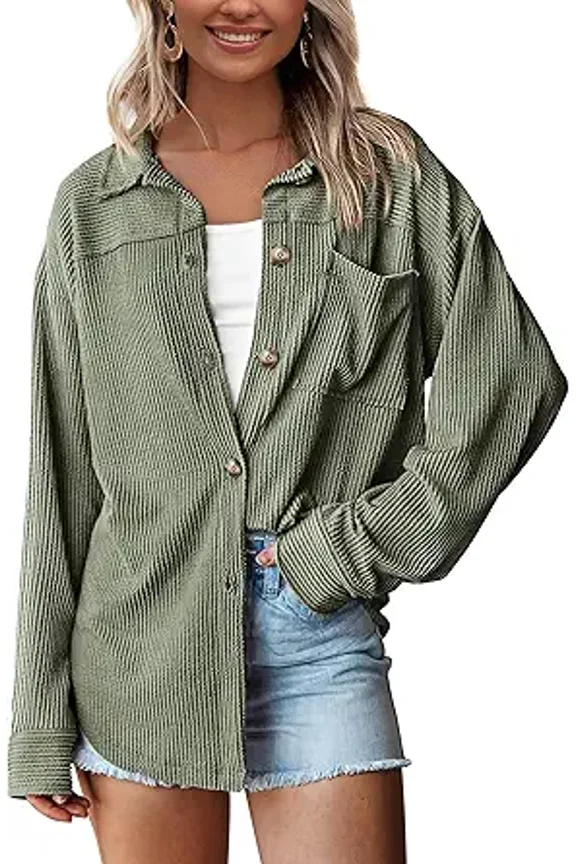 Women's Button Down Shirts Fall Long Sleeve Textured Stripe Tops Oversized Shacket Jacket Knit Blouses