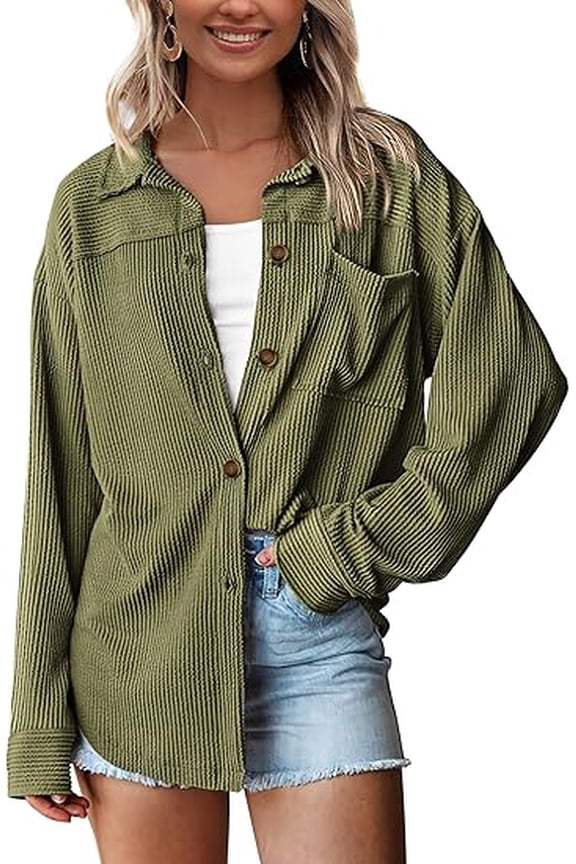 Women's Button Down Shirts Fall Long Sleeve Textured Stripe Tops Oversized Shacket Jacket Knit Blouses