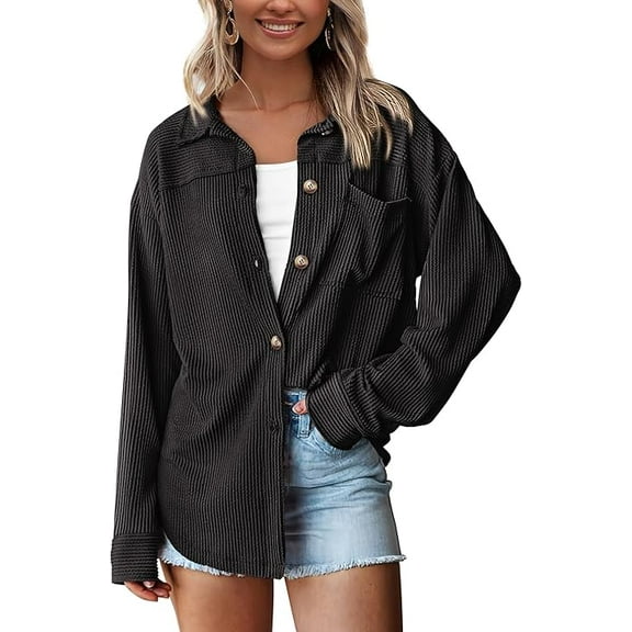 PRETTYGARDEN Women's Button Down Shirts Fall Long Sleeve Textured Stripe Tops Oversized Shacket Jacket Knit Blouses