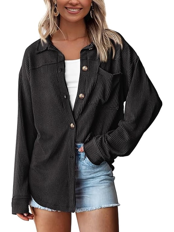 Women's Button Down Shirts Fall Long Sleeve Textured Stripe Tops Oversized Shacket Jacket Knit Blouses