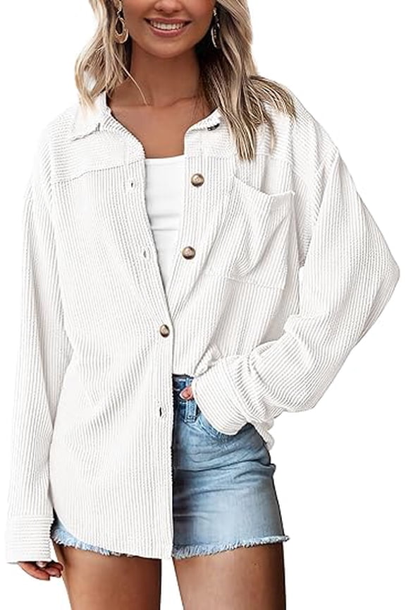 Women's Button Down Shirts Fall Long Sleeve Textured Stripe Tops Oversized Shacket Jacket Knit Blouses