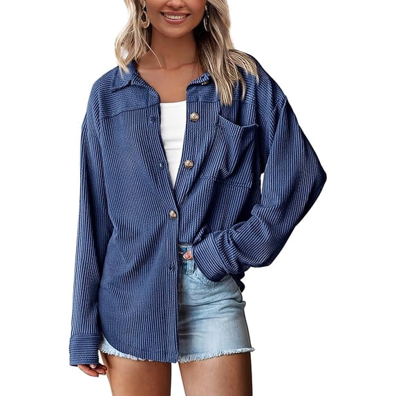 PRETTYGARDEN Women's Button Down Shirts Fall Long Sleeve Textured Stripe Tops Oversized Shacket Jacket Knit Blouses