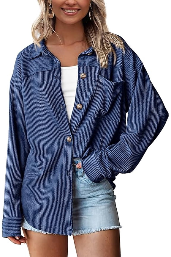 Women's Button Down Shirts Fall Long Sleeve Textured Stripe Tops Oversized Shacket Jacket Knit Blouses
