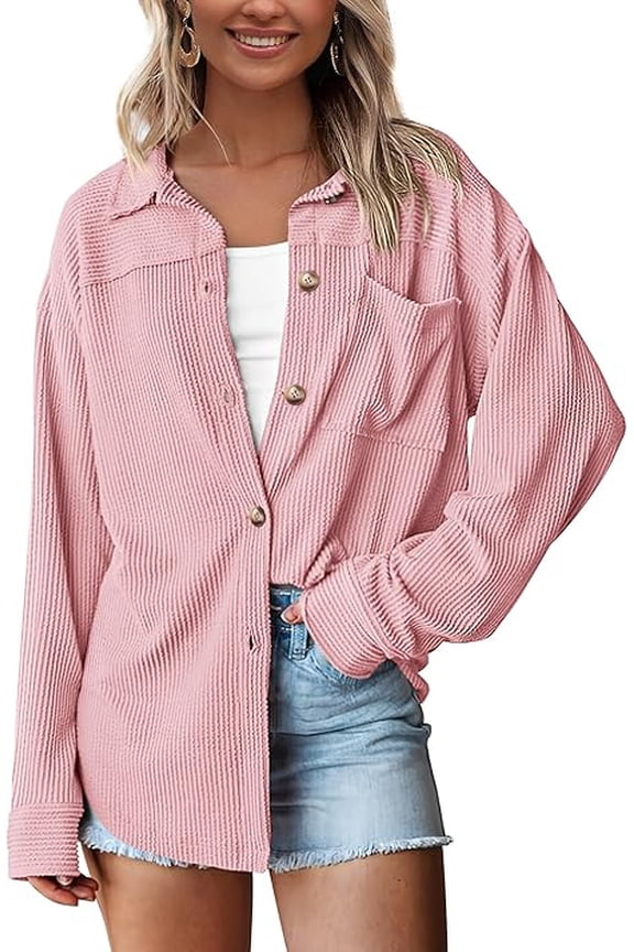 Women's Button Down Shirts Fall Long Sleeve Textured Stripe Tops Oversized Shacket Jacket Knit Blouses