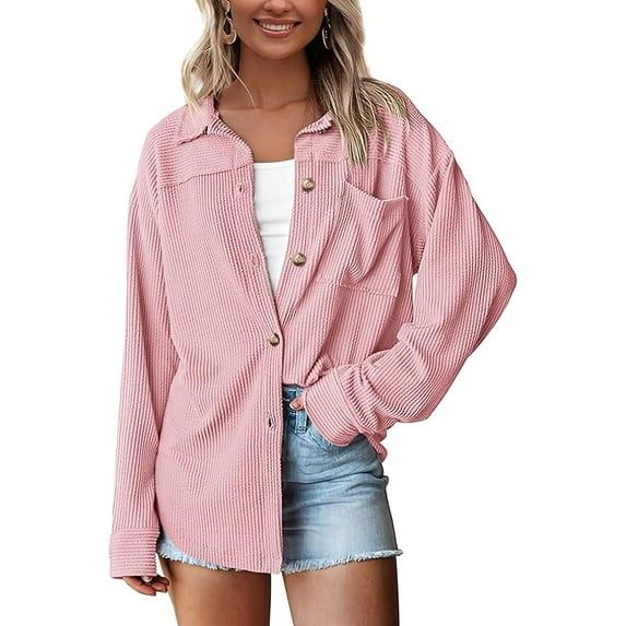 PRETTYGARDEN Women's Button Down Shirts Fall Long Sleeve Textured Stripe Tops Oversized Shacket Jacket Knit Blouses