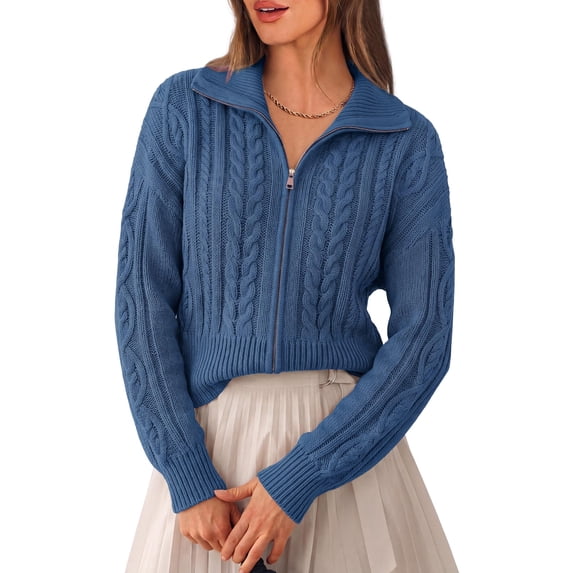PRETTYGARDEN Women's Cable Knit Cropped Cardigan Sweaters Oversized Sweater, Long Sleeve Zip Up Jacket, Collared Neck, Ribbed Hem, Cozy Soft Casual Wear, Fall Clothes Winter Outerwear