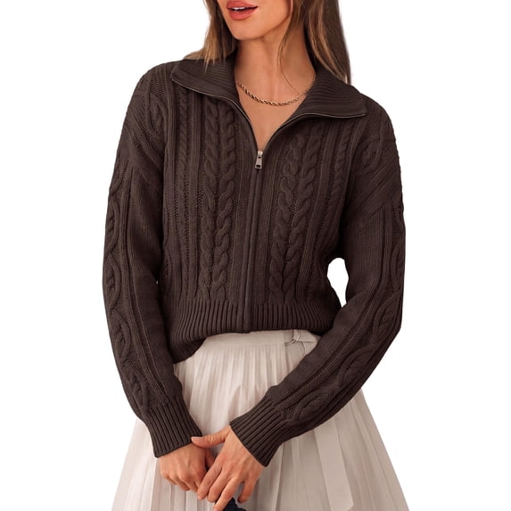 PRETTYGARDEN Women's Cable Knit Cropped Cardigan Sweaters Oversized Sweater, Long Sleeve Zip Up Jacket, Collared Neck, Ribbed Hem, Cozy Soft Casual Wear, Fall Clothes Winter Outerwear