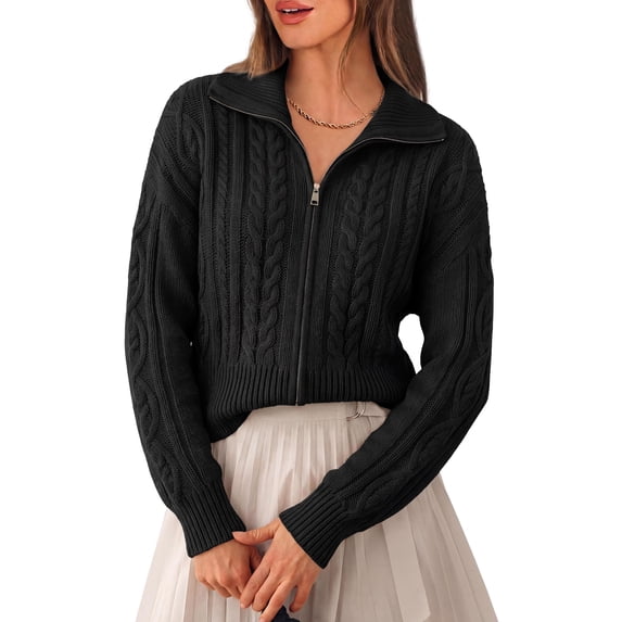 PRETTYGARDEN Women's Cable Knit Cropped Cardigan Sweaters Oversized Sweater, Long Sleeve Zip Up Jacket, Collared Neck, Ribbed Hem, Cozy Soft Casual Wear, Fall Clothes Winter Outerwear